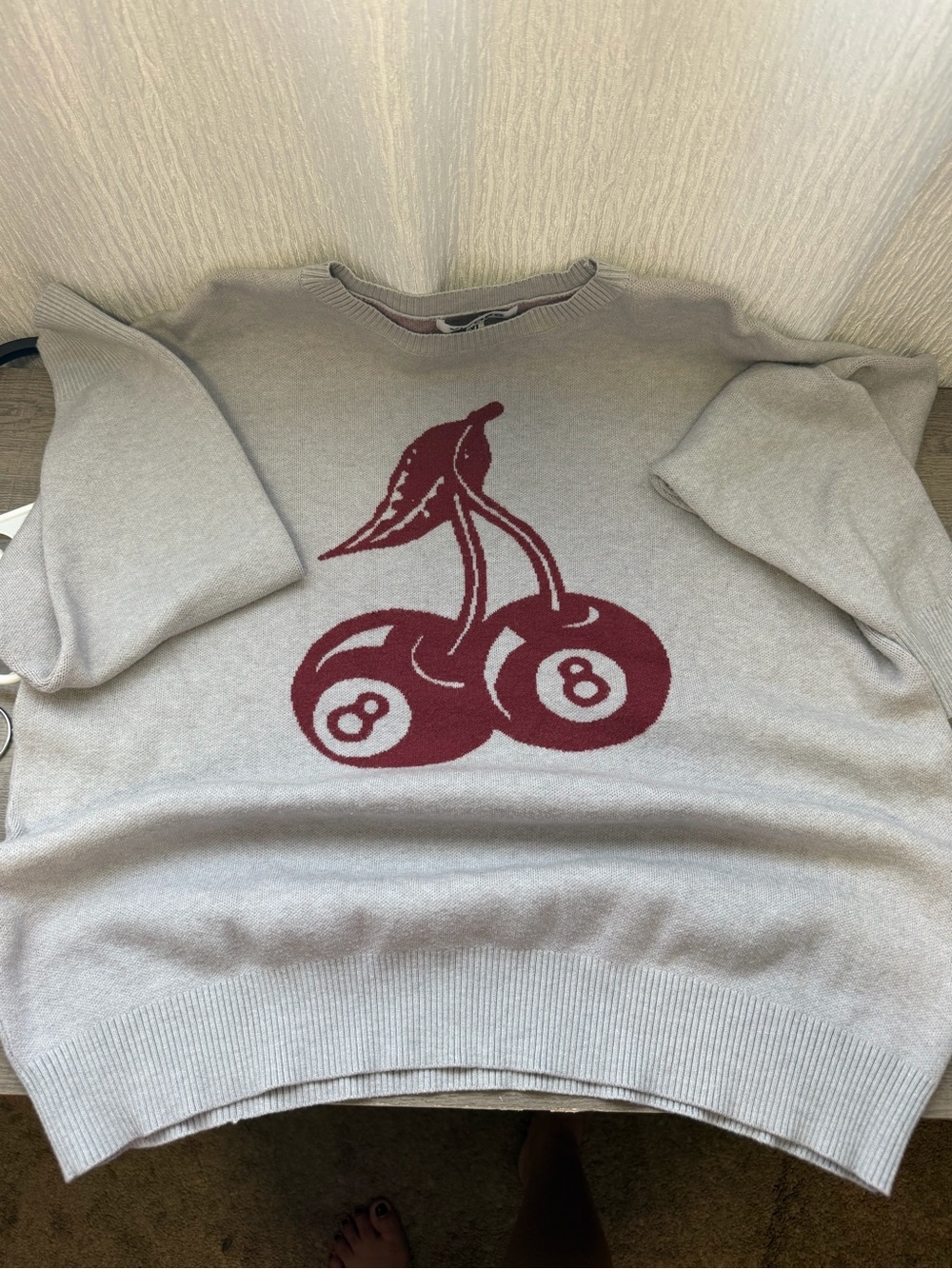 Woman’s Light Gray Sweater with Maroon Cherry Graphic